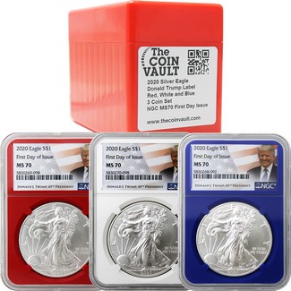 2020 Red, White, & Blue Silver Eagle Set NGC MS70 First Day Issue Trump Label