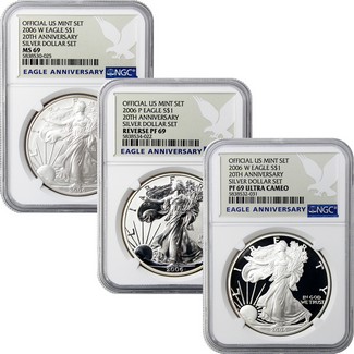 2006 3 Piece Silver Eagle 20th Anniversary Set NGC 69 Eagle Anniversary Label