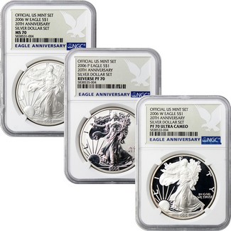 2006 3 Piece Silver Eagle 20th Anniversary Set NGC 70 Eagle Anniversary Label