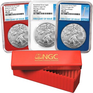 2020 W Red, White & Blue Burnished Silver Eagles NGC MS70 First Day Issue 1st Label