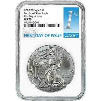 2020 W Burnished Silver Eagle NGC MS70 First Day Issue 1st Label