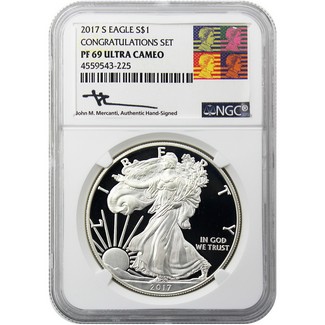 2017 S Proof Silver Eagle Congratulations Set NGC PF69 UC Mercanti Signed Icon Label