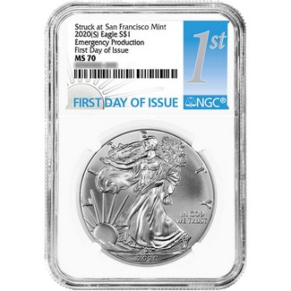 2020 (S) Struck at San Francisco Silver Eagle 'Emergency Production' NGC MS70 FDI 1st Label