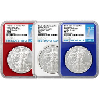 2020 (S) Red, White & Blue Struck at S.F. Silver Eagles 'Em. Production' NGC MS70 FDI 1st Label