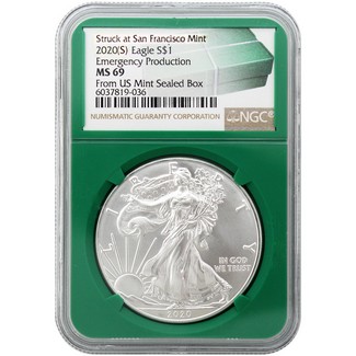 2020(S) Struck at San Francisco Silver Eagle "Emergency Production" NGC MS69 Green Core