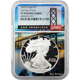 2020 S Proof Silver Eagle NGC PF70 Ultra Cameo First Day Issue San Francisco Bridge Core