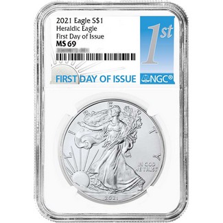 2021 Heraldic Silver Eagle NGC MS69 First Day Issue White Core 1st Label