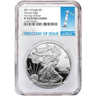 2021 W Heraldic Proof Silver Eagle NGC PF70 Ultra Cameo First Day Issue White Core 1st Label