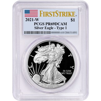 2021 W Type 1 Proof Silver Eagle PCGS PR69 DCAM First Strike Flag Label