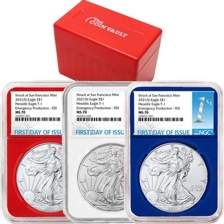 2021 (S) Red, White & Blue Struck at S.F. Silver Eagles 'Em. Production' NGC MS70 FDI 1st Label