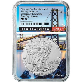 2021 (S) Struck at San Francisco Silver Eagle 'Emergency Production' NGC MS70 FDI Bridge Core