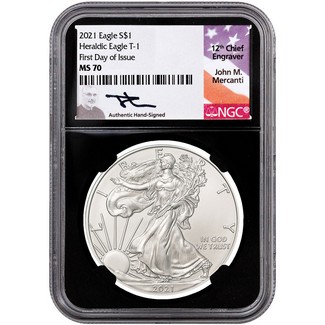 2021 Heraldic Silver Eagle NGC MS70 First Day Issue Black Core Mercanti Signed