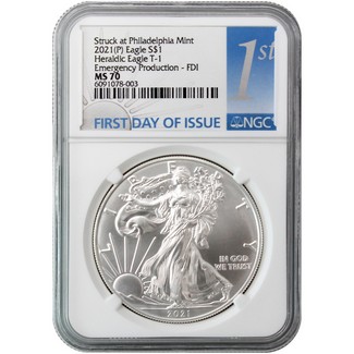 2021 (P) Struck at Philadelphia Silver Eagle 'Emergency Production' NGC MS70 FDI 1st Label