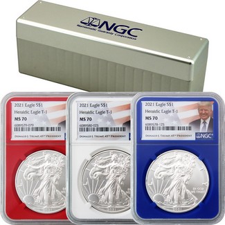 2021 Red, White, & Blue Heraldic Silver Eagle Set NGC MS70 Trump Label