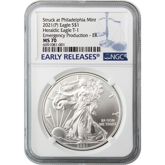 2021 (P) Struck at Philadelphia Silver Eagle 'Emergency Production' NGC MS70 ER Blue Label