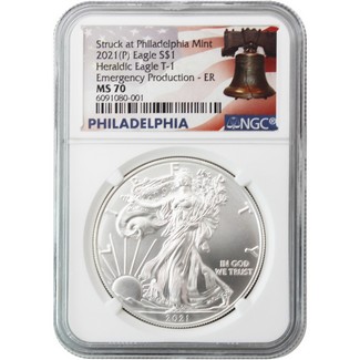 2021 (P) Struck at Philadelphia Silver Eagle 'Emergency Production' NGC MS70 ER Bell Label