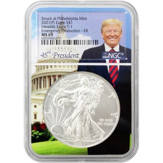 2021 (P) Struck at Philly Heraldic Silver Eagle 'Emergency Production' NGC MS69 ER Trump Core