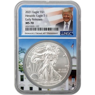 2021 Heraldic Silver Eagle NGC MS70 Early Releases Whitehouse Core Trump Label