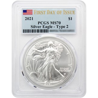 2021 Type 2 Silver Eagle PCGS MS70 First Day Issue Flag Label