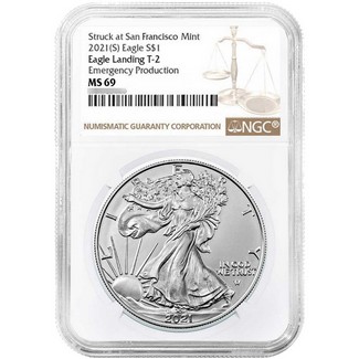 2021 (S) Struck at SF Ty-2 Eagle Landing Silver Eagle 'Emergency Production' NGC MS69 Brown Label