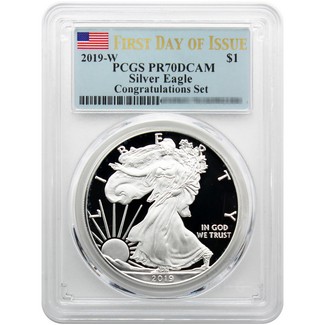 2019 W 'Congratulations Set' Proof Silver Eagle PCGS PR70 DCAM First Day Issue Flag Label