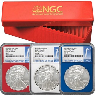 2022 W Red, White, & Blue Burnished Silver Eagle Set NGC MS70 First Day Issue 1st Label