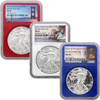 2016 (P)(W)(S) Silver Eagle Trio NGC MS69 Red White & Blue City Labels