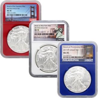 2017 (P)(W)(S) Silver Eagle Trio NGC MS70 Red White & Blue City Labels