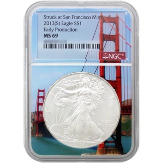 2013 (S) Struck at San Francisco Silver Eagle NGC MS69 Early Production Golden Gate Bridge Core