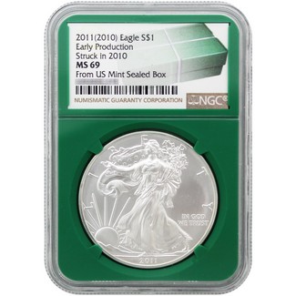 2011 (2010) Silver Eagle NGC MS69 Early Production Green Core