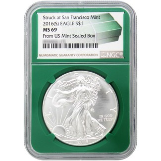 2016 (S) Struck at San Francisco Mint Silver Eagle NGC MS69 Green Core Holder