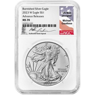 2023 W Burnished Silver Eagle NGC MS70 Advance Releases Gaudioso Signed