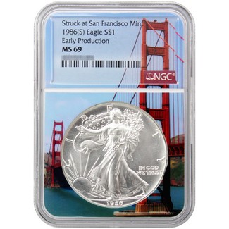 1986 (S) Struck at San Francisco Silver Eagle NGC MS69 Early Production Bridge Core