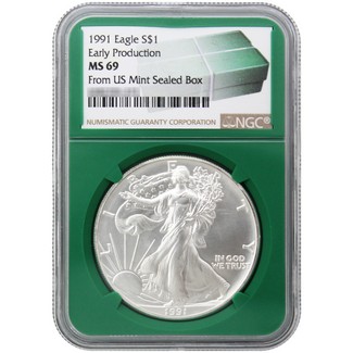 1991 Silver Eagle NGC MS69 Early Production Green Core