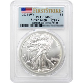 2021 (W) Struck at West Point Type 2 Eagle Landing Silver Eagle PCGS MS70 First Strike Flag Label