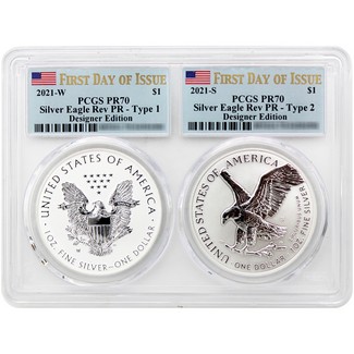 2021 Silver Eagle Reverse Proof Two-Coin Set PCGS PR70 First Day Issue Flag Label Multiholder