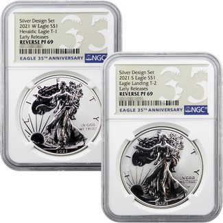 2021 Silver Eagle Reverse Proof Two-Coin Set NGC PF69 Early Releases 35th Anniversary Label