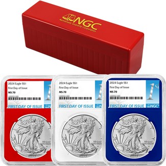 2024 Red, White and Blue Silver Eagle Set NGC MS70 First Day Issue 1st Label
