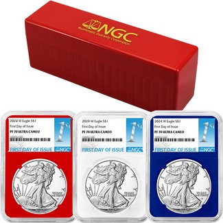 2024 W Red/White/Blue Silver Eagle Set NGC PF70 FDI | The Coin Vault