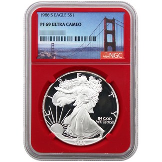 1986 S Proof Silver Eagle NGC PF69 UC Red Core Bay Bridge Label