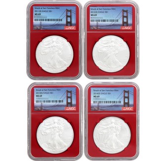 2011-2014(S) Silver Eagle Set NGC MS69 Struck at San Francisco Red Core Bridge Label
