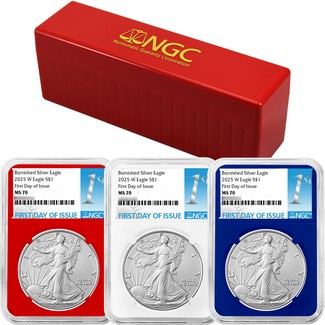 2025 W Burnished Silver Eagle NGC MS70 FDI Red, White, & Blue Core Set 1st Label