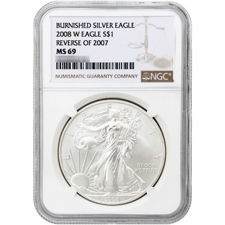 2008 W Burnished Reverse of 2007 Silver Eagle NGC MS69 Mint Error Brown Label