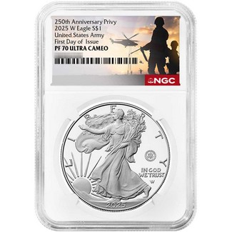 2025 W Proof Silver Eagle 250th Anniversary United States Army Privy NGC PF70 UC FDI Military Label