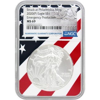 2020 (P) Silver Eagle "Emergency Production" NGC MS69 Struck at Philadelphia American Flag Core