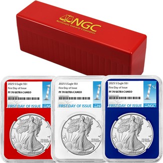 2025 S Proof Silver Eagle NGC PF70 UC FDI Red, White & Blue Core 3-Coin Set 1st Label