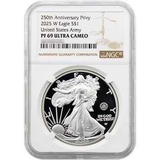 2025 W Proof Silver Eagle 250th Anniversary United States Army Privy NGC PF69 UC Brown Label