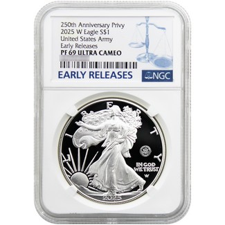 2025 W Proof Silver Eagle 250th Anniversary United States Army Privy NGC PF69 UC ER Blue Label