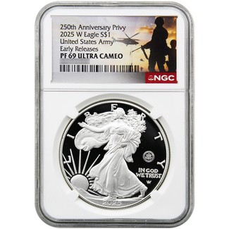 2025 W Proof Silver Eagle 250th Anniversary United States Army Privy NGC PF69 UC ER Military Label