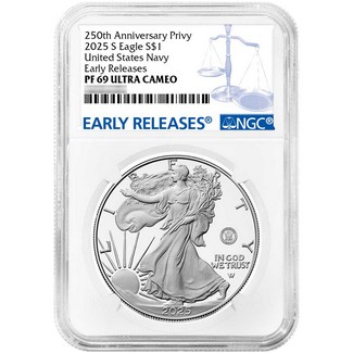 2025 S Proof Silver Eagle 250th Anniversary United States Navy Privy NGC PF69 UC ER Blue Label
